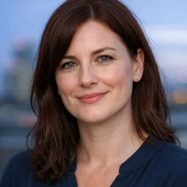 Woman in late 30s, dark auburn hair, grey-green eyes, composed expression