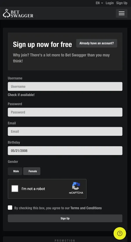BetSwagger registration form